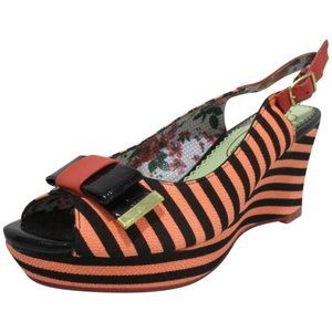 *Poetic License Peach And Black Retro Mad Money Coral Striped Wedge Sandal Pumps